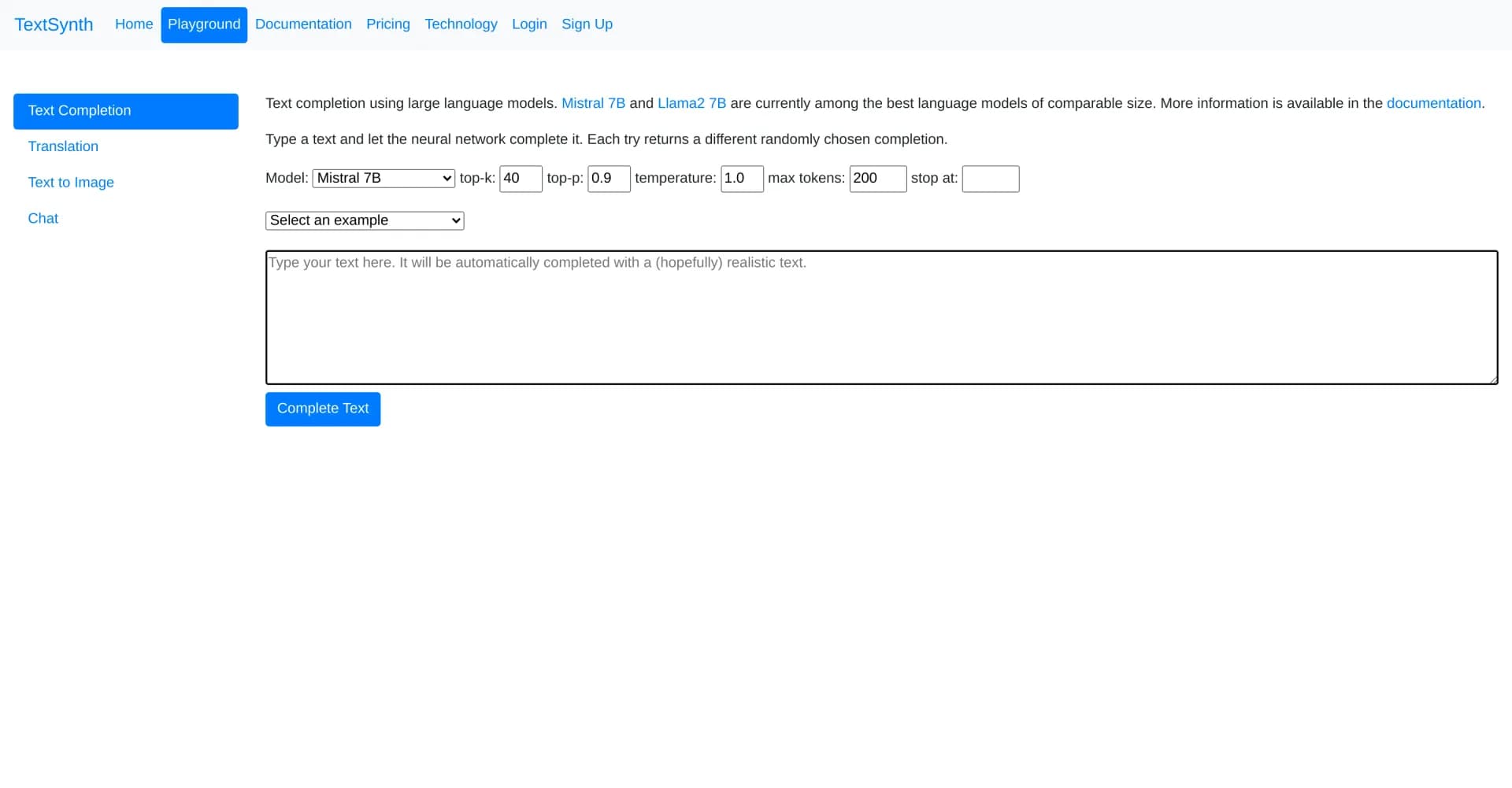TextSynth Text Completion homepage screenshot — Unleash AI-powered text completion