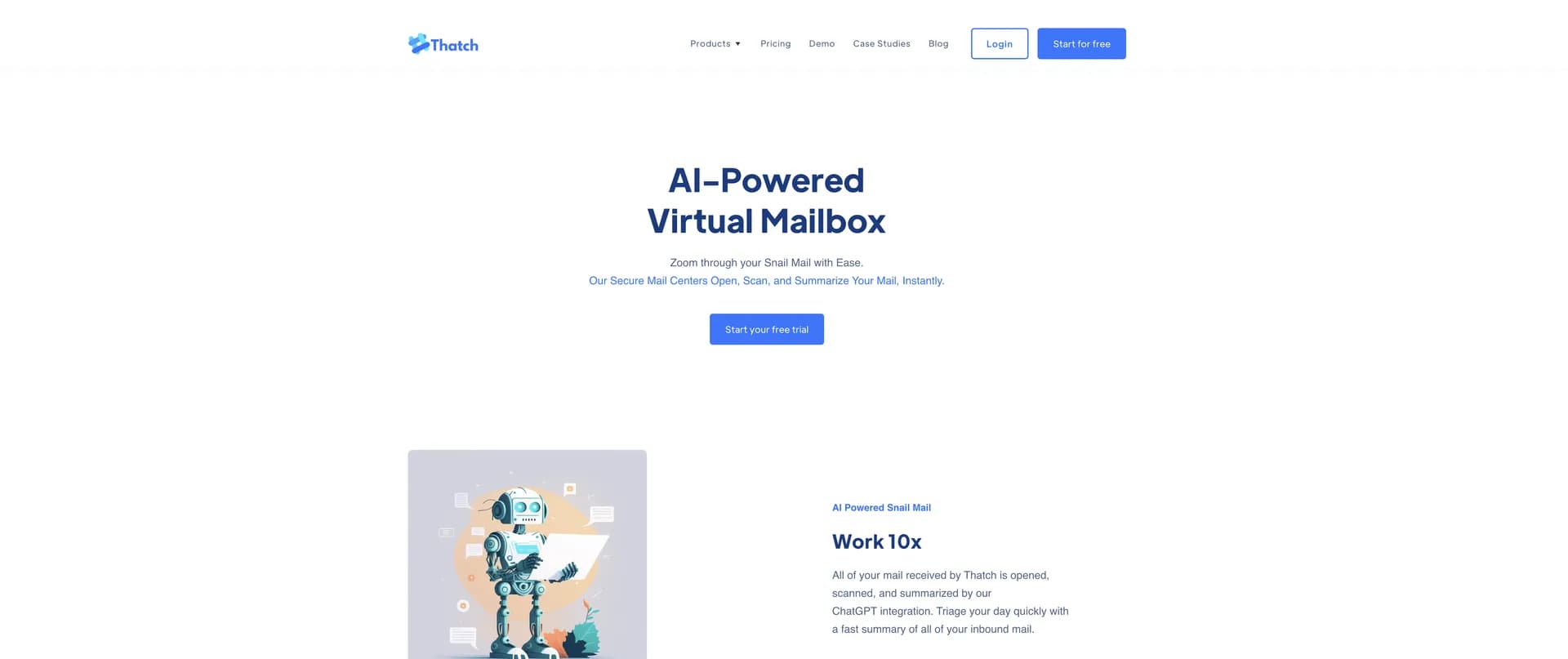 Thatch homepage screenshot — Digitize and summarize snail mail instantly.