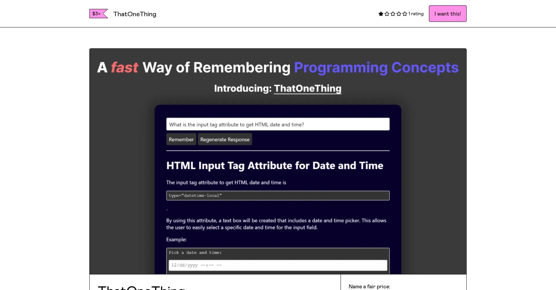 ThatOneThing homepage screenshot — AI-powered memory aid for programmers