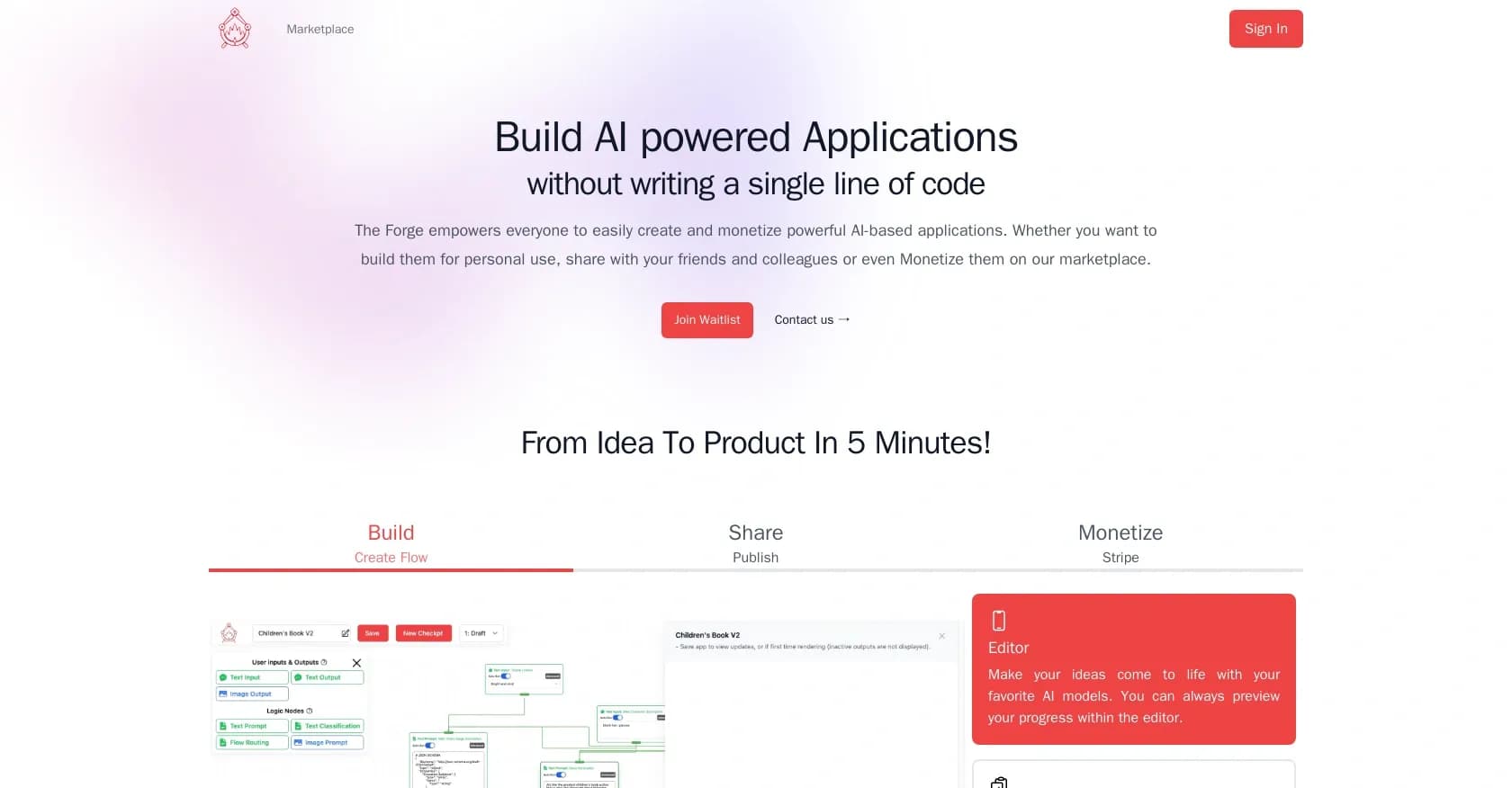 The Forge homepage screenshot — Platform for creating & selling workflows.