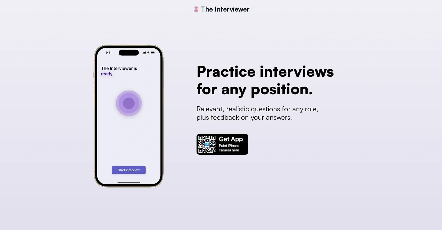 The Interviewer homepage screenshot — Practice interviews with realistic questions and feedback.