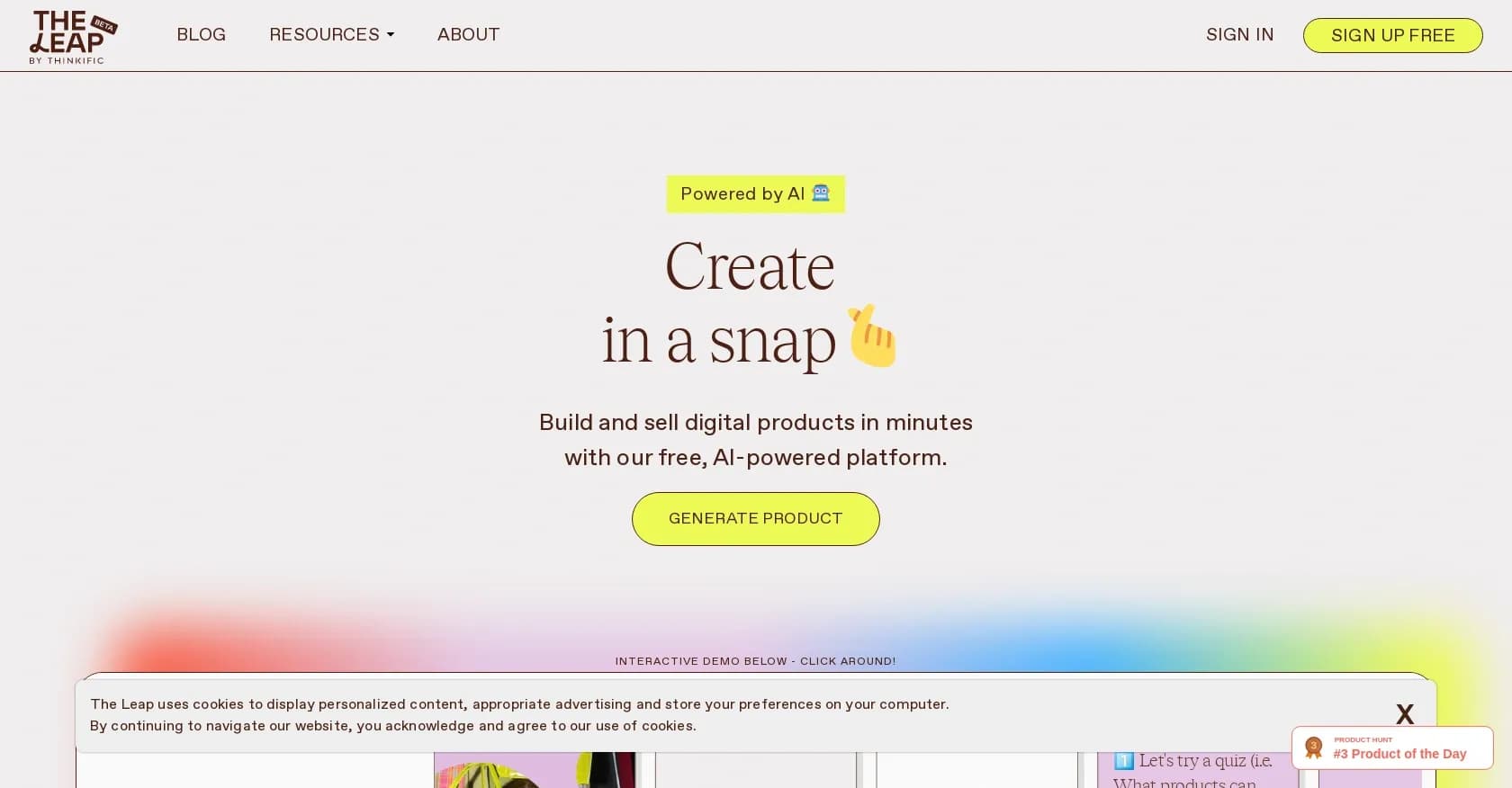 The Leap homepage screenshot — Create digital products and storefronts in minutes.