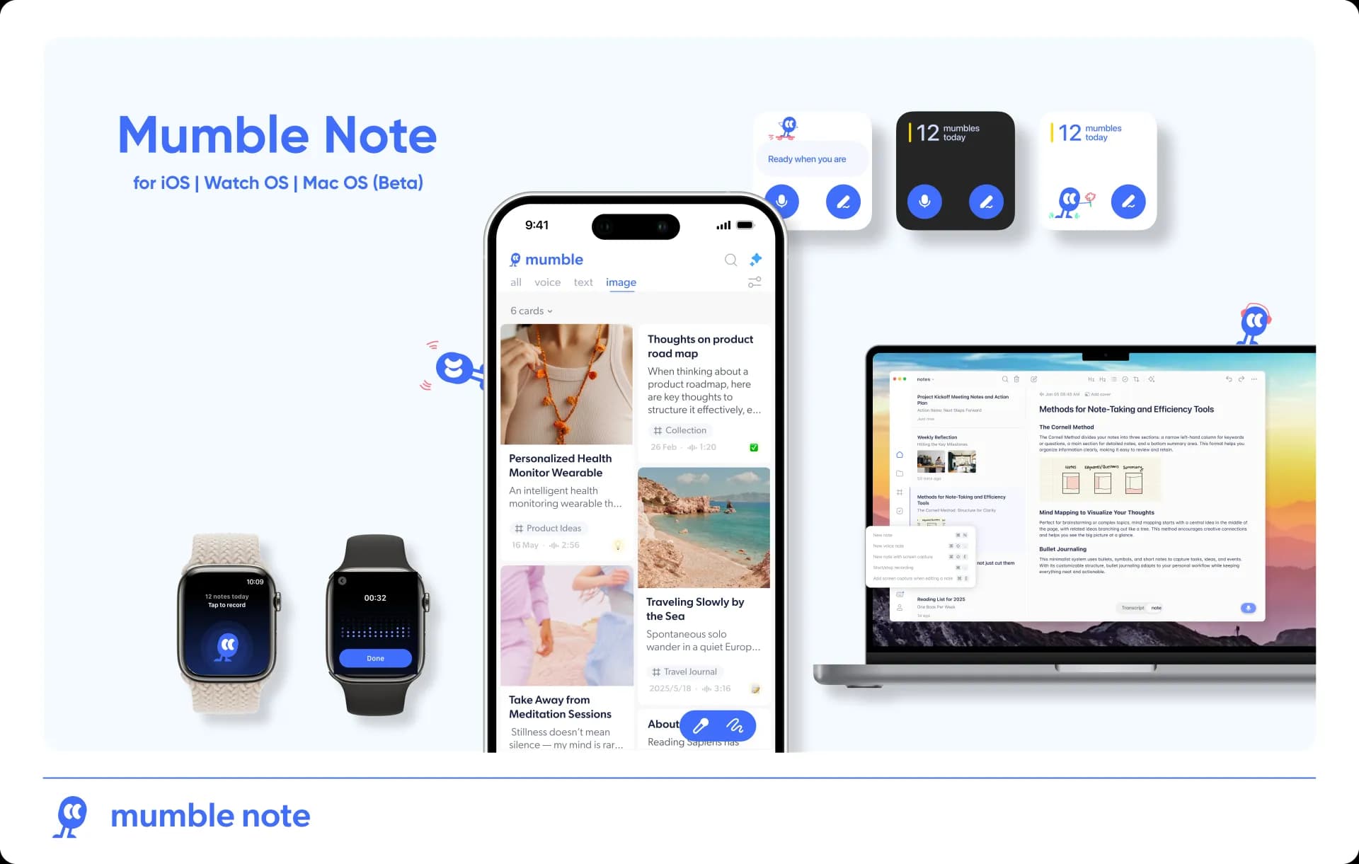 Mumble Note: AI Voice Notetakerv0.7.16 homepage screenshot — Turn your voice into structured notes and action items with 