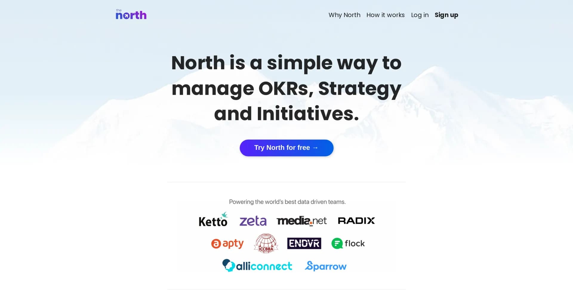 The North homepage screenshot — Manage OKRs and align teams to drive outcomes.