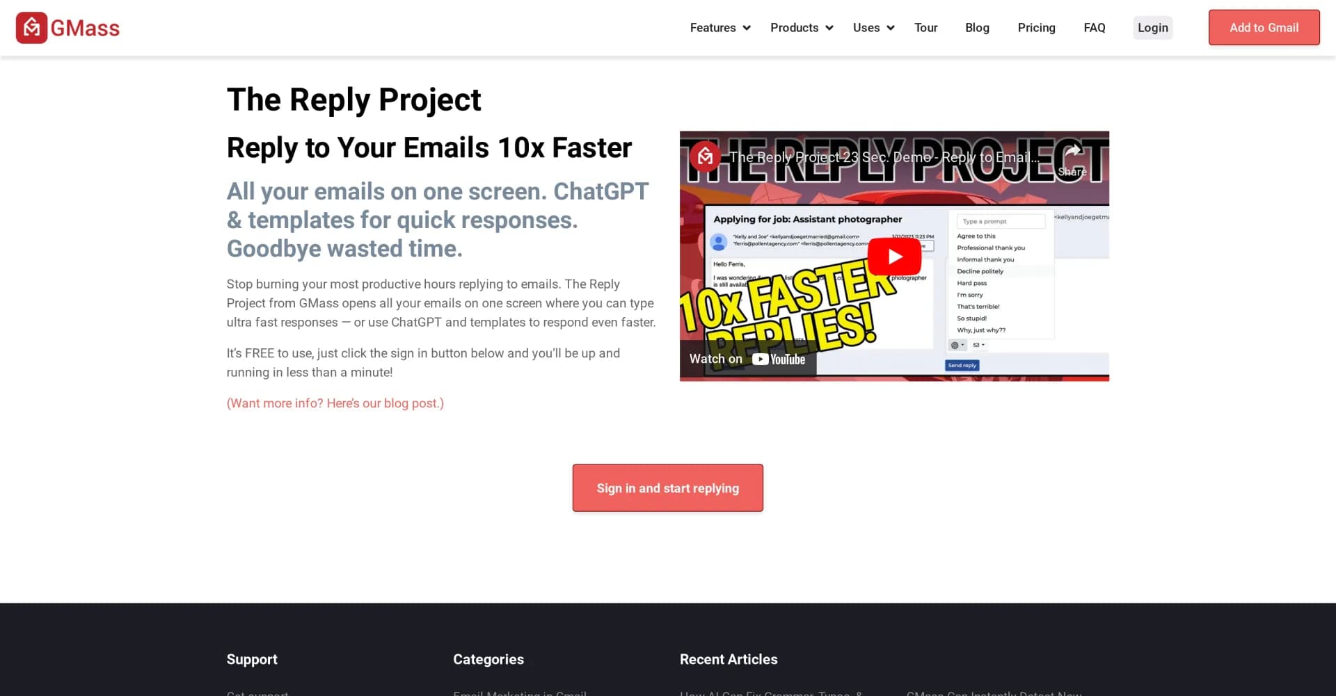 The Reply Project homepage screenshot — Reply to emails 10x faster.