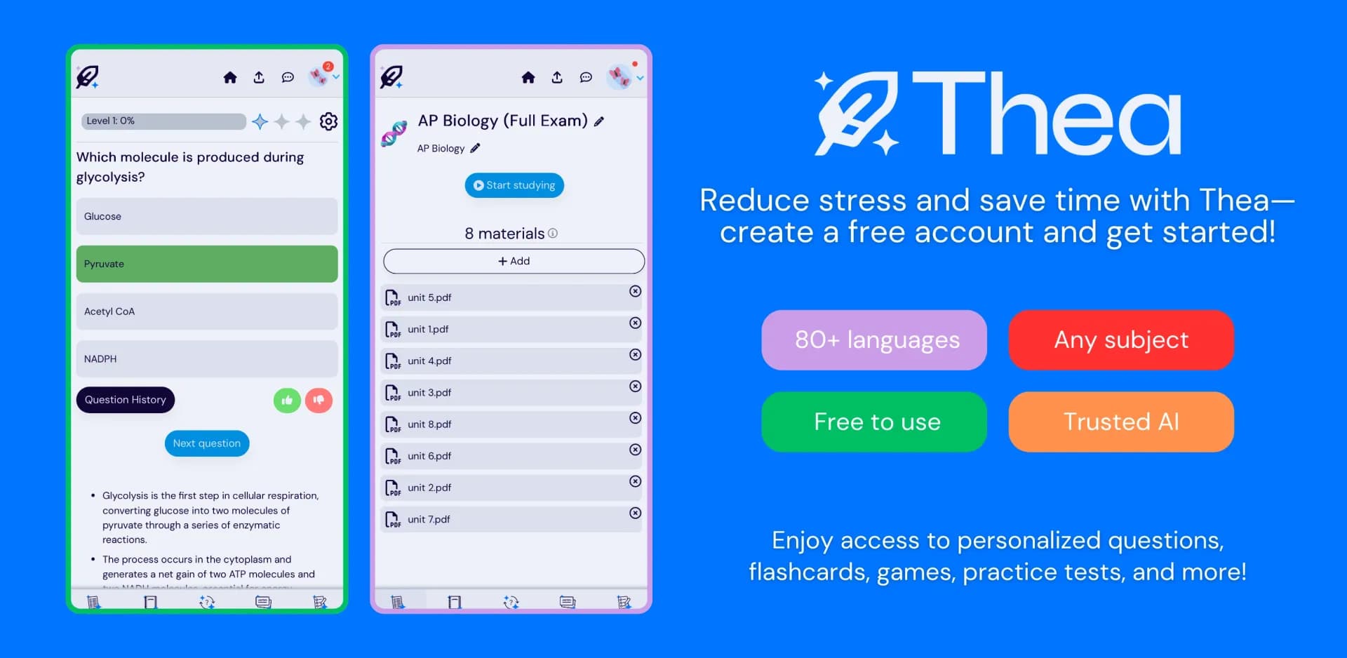 Theav4.0 homepage screenshot — AI study tools to master material, not just memorize it.
