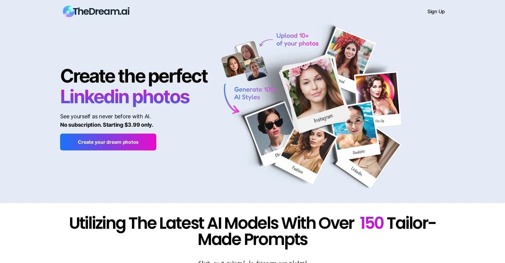 TheDream homepage screenshot — Create stunning AI-generated profile pictures.