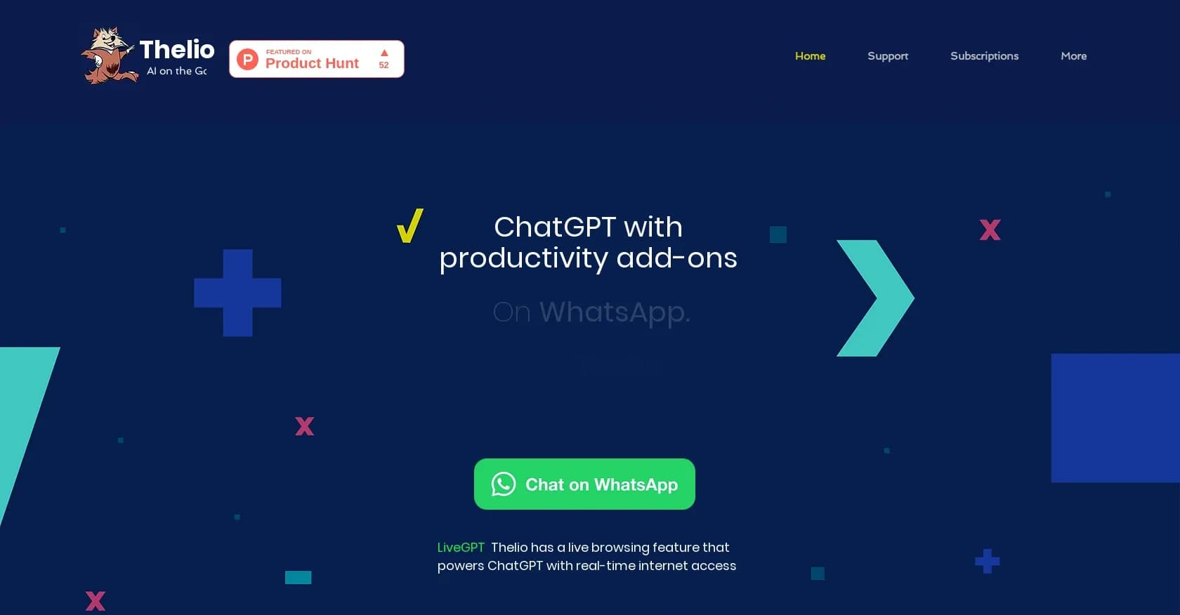 Thelio homepage screenshot — ChatGPT with productivity add-ons on WhatsApp.