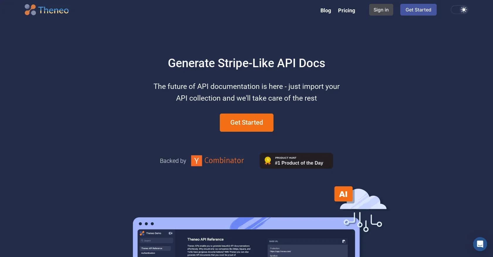 Theneo homepage screenshot — Generate Stripe-like API docs in seconds