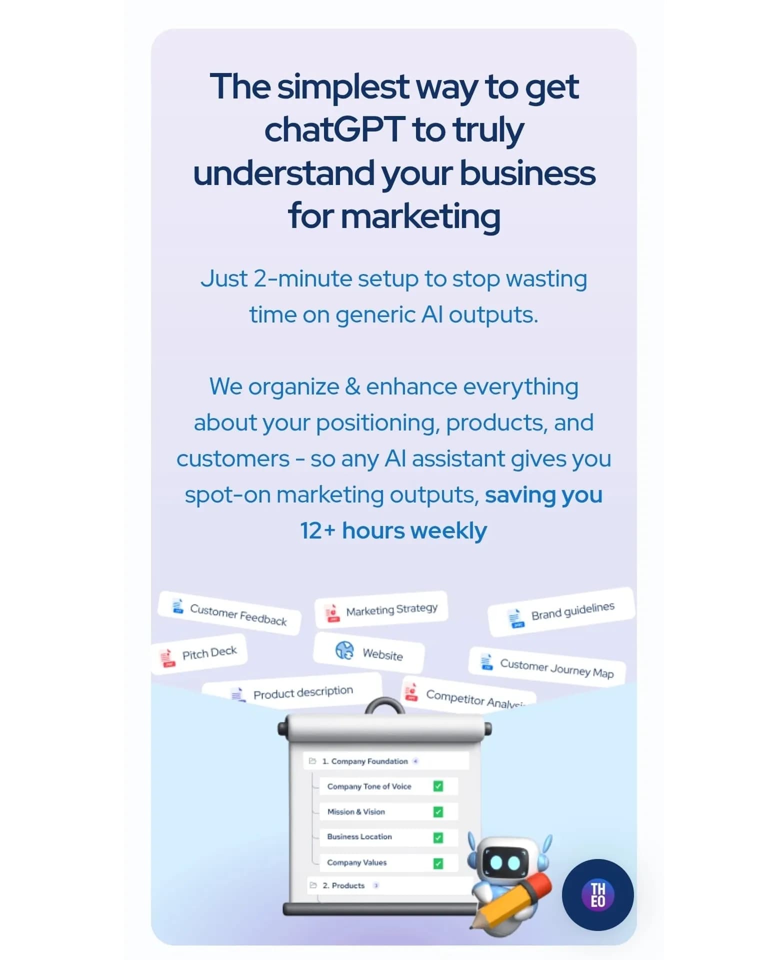 THEOv1.2 homepage screenshot — Get chatGPT to truly understand your business for marketing