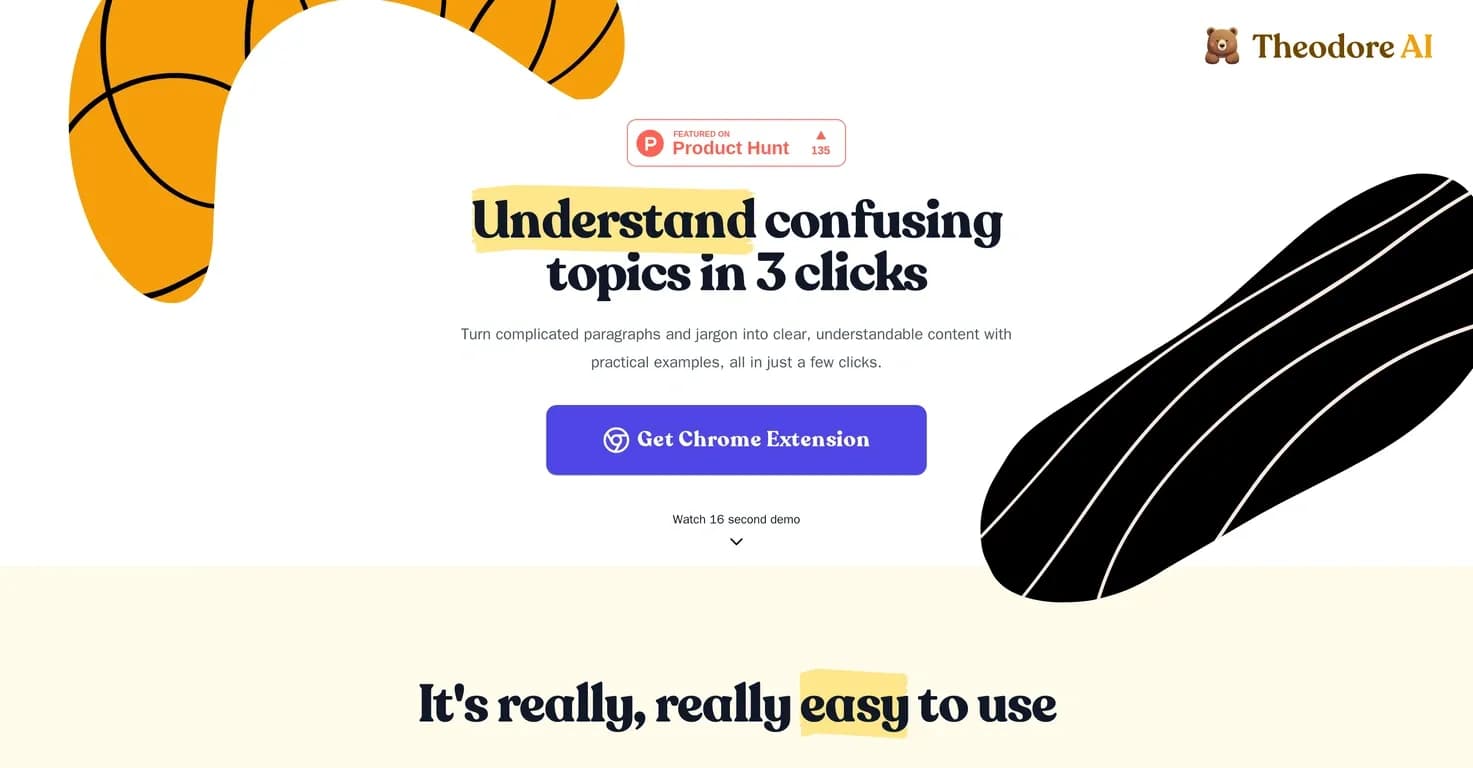 Theodore AI homepage screenshot — Turn complex topics into clear content in 3 clicks.