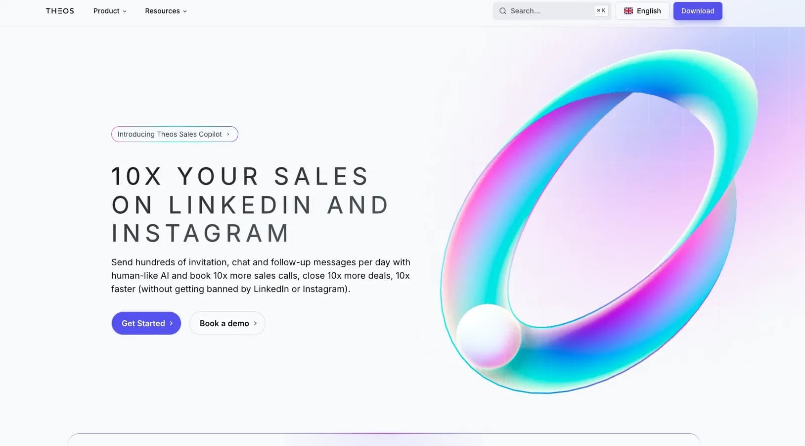 Theos Sales Copilot homepage screenshot — 10x your sales with AI-powered outreach