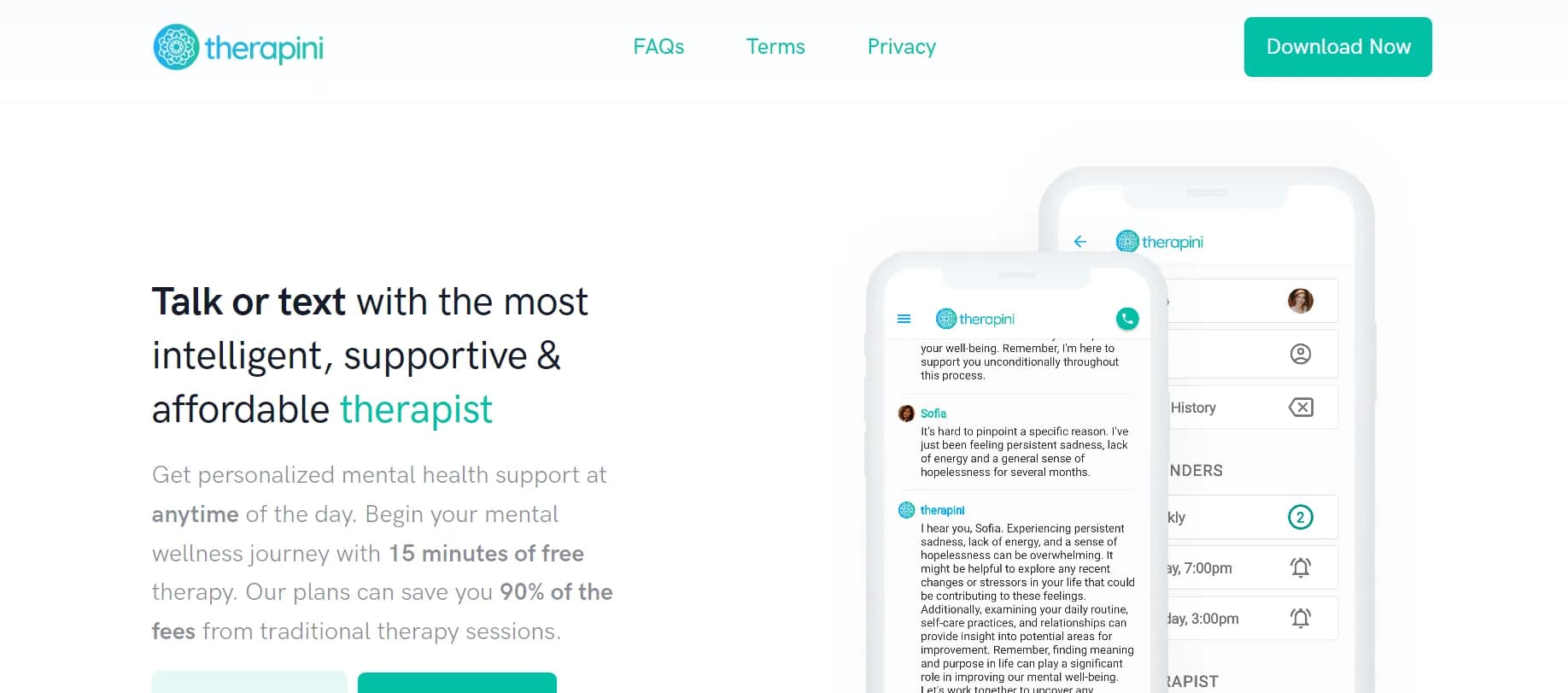 therapini homepage screenshot — Your 24/7 AI therapist for affordable mental health support.