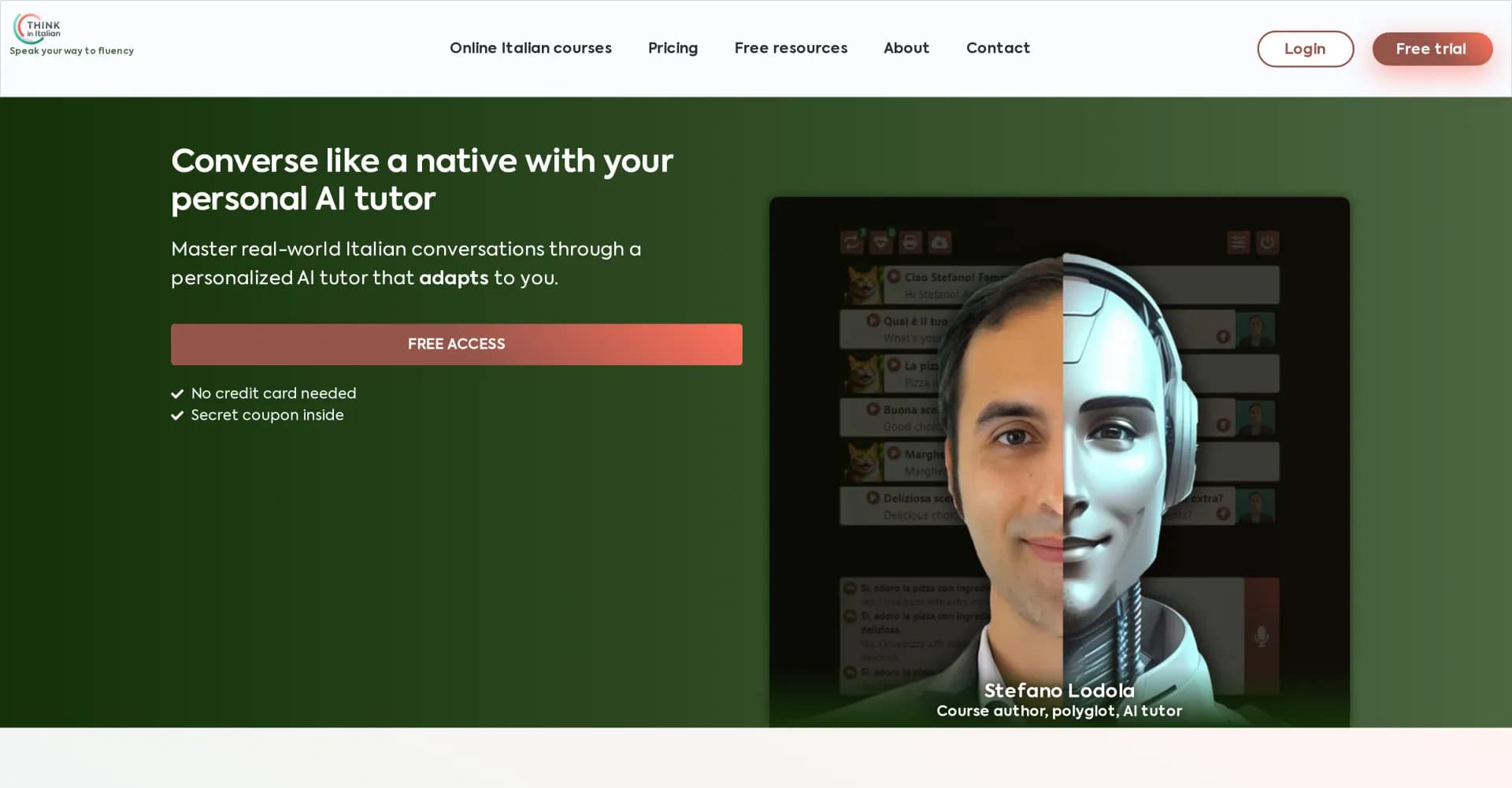 Think In Italian homepage screenshot — Master real-world Italian with your personal AI tutor.