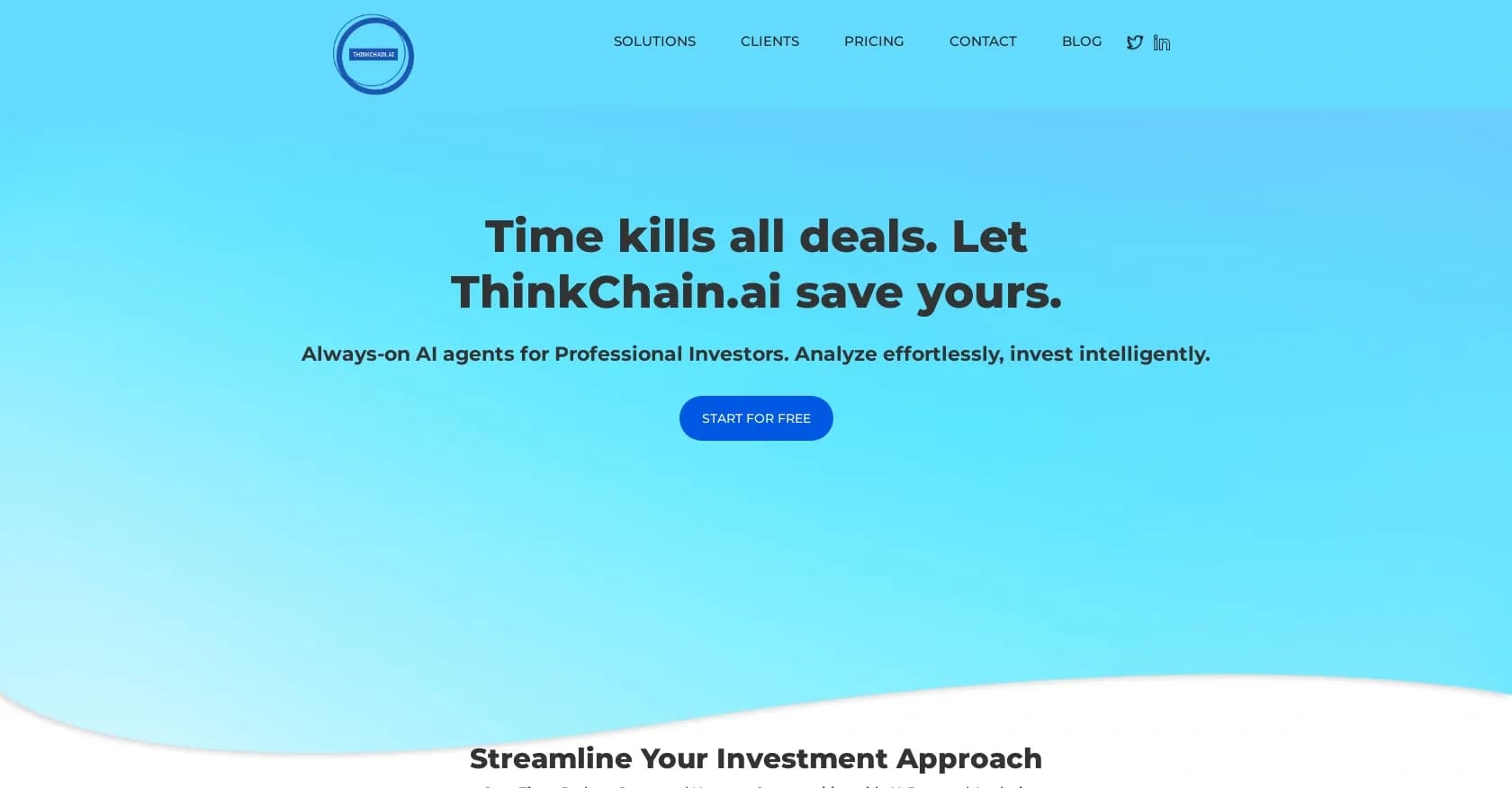 ThinkChain homepage screenshot — AI agents for smarter investing