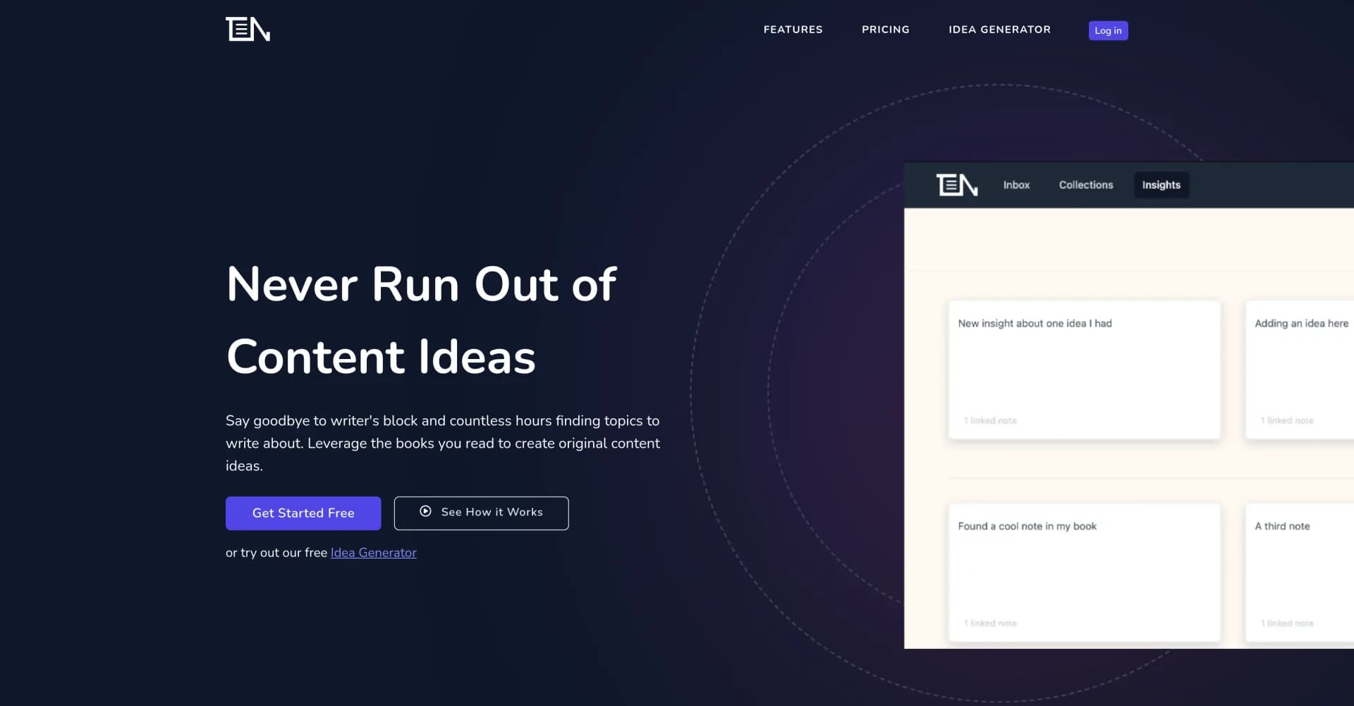 ThinkerNotes homepage screenshot — Generate endless content ideas from your reading.
