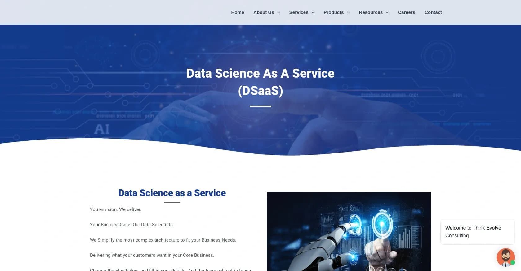 ThinkEvolve homepage screenshot — Transform data into actionable insights.