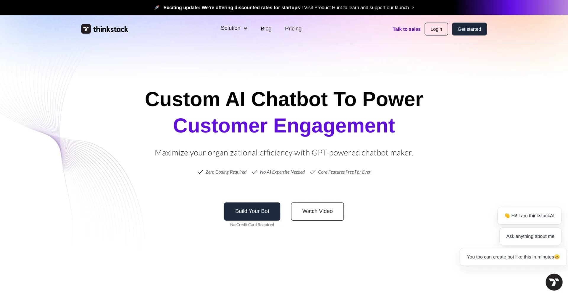 Thinkstack homepage screenshot — Create custom AI chatbots in minutes