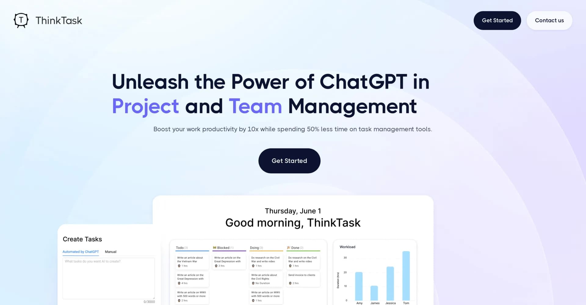 Thinktask homepage screenshot — Boost productivity with AI-powered project management