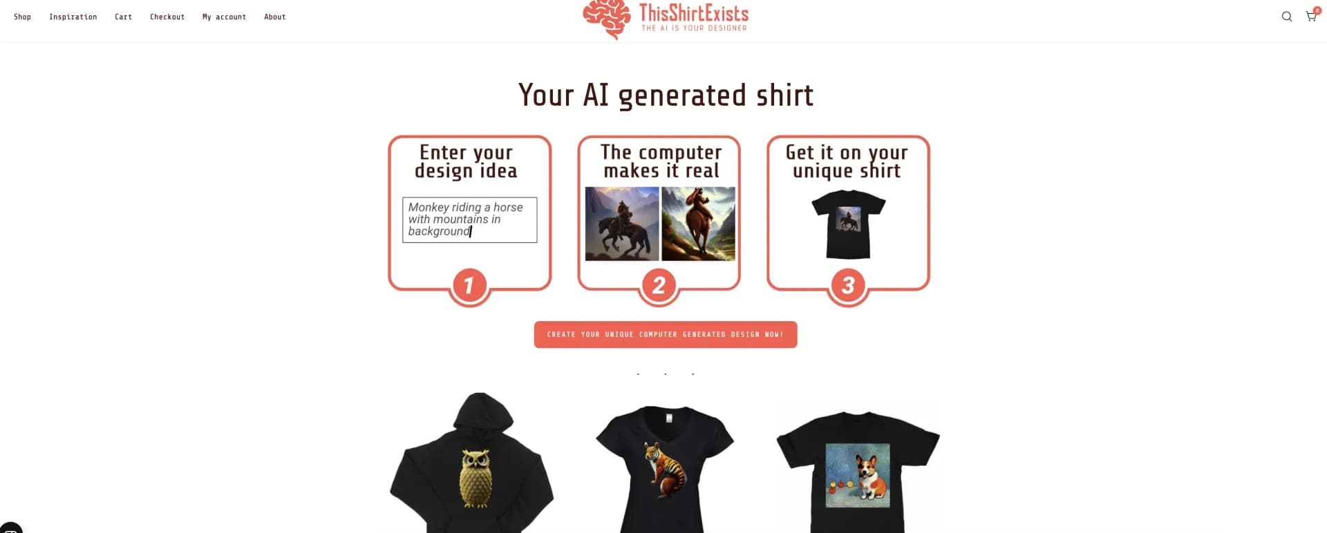 This Shirt Exists homepage screenshot — Design custom shirts with AI-generated images.