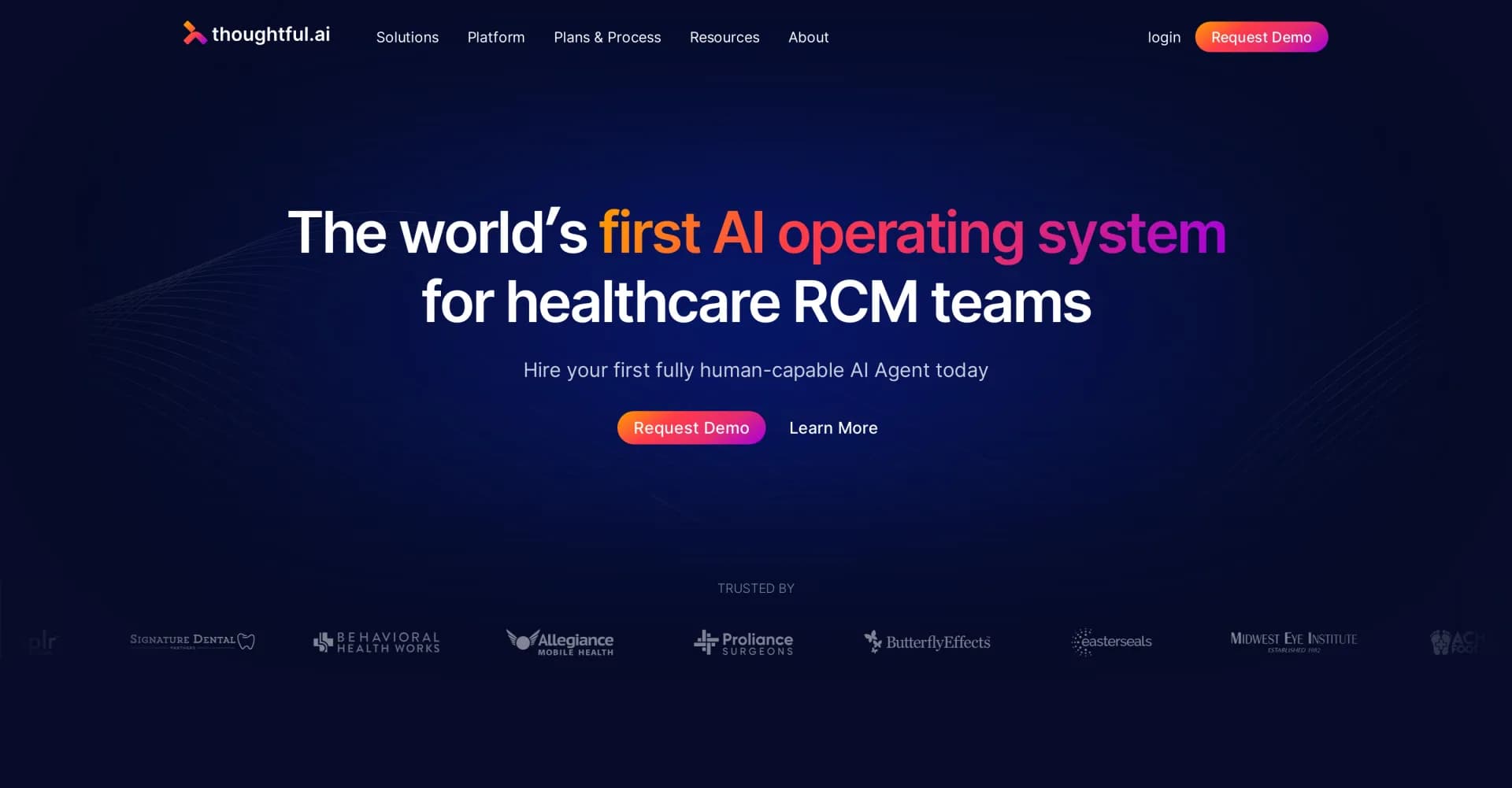 Thoughtful AI homepage screenshot — Automate healthcare revenue cycles with AI agents