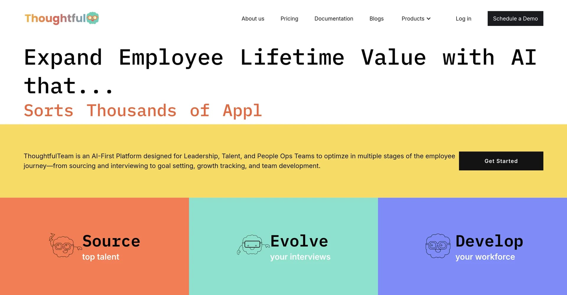 Thoughtful GPT homepage screenshot — AI-driven employee lifecycle optimization