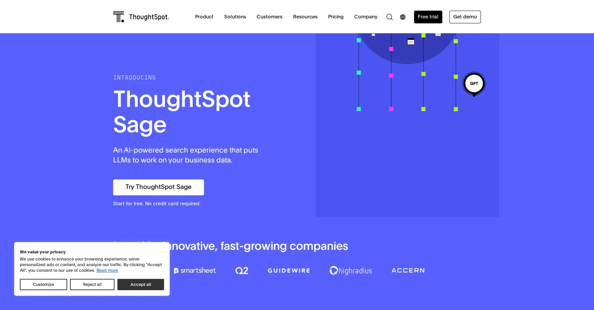 ThoughtSpot Sage homepage screenshot — AI-powered analytics for actionable insights