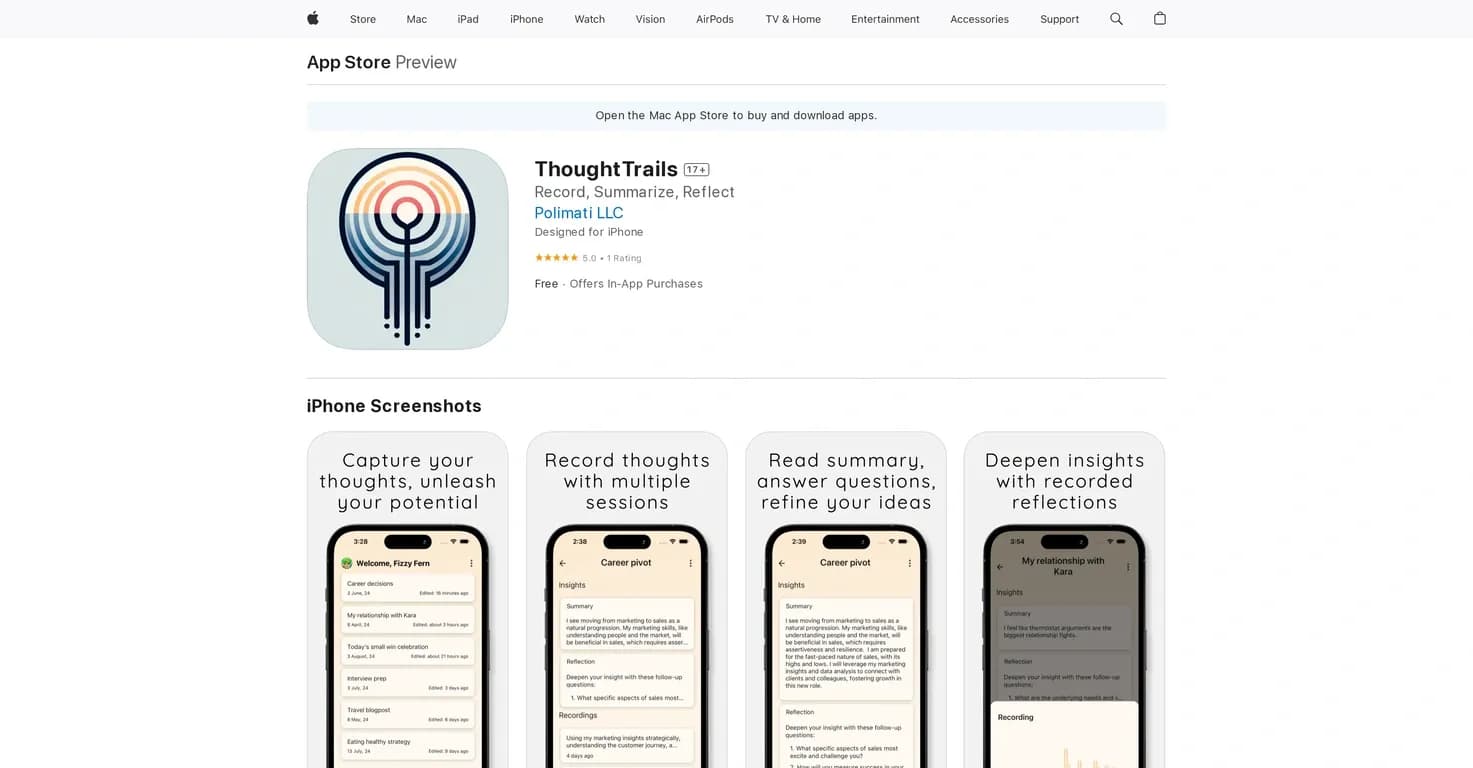 ThoughtTrails homepage screenshot — Capture and develop ideas through voice recordings.
