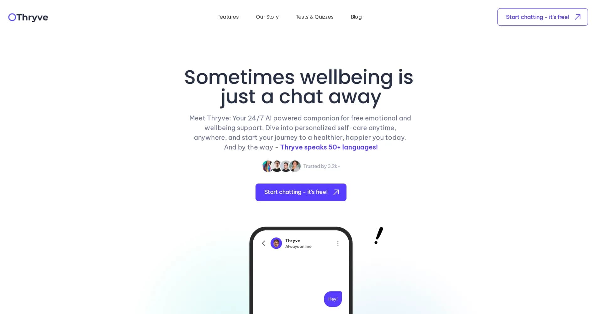 Thryve homepage screenshot — Your free digital wellness therapist and coach