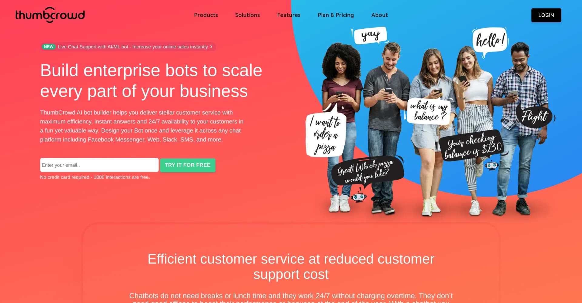ThumbCrowd homepage screenshot — AI chatbot for enterprise customer engagement