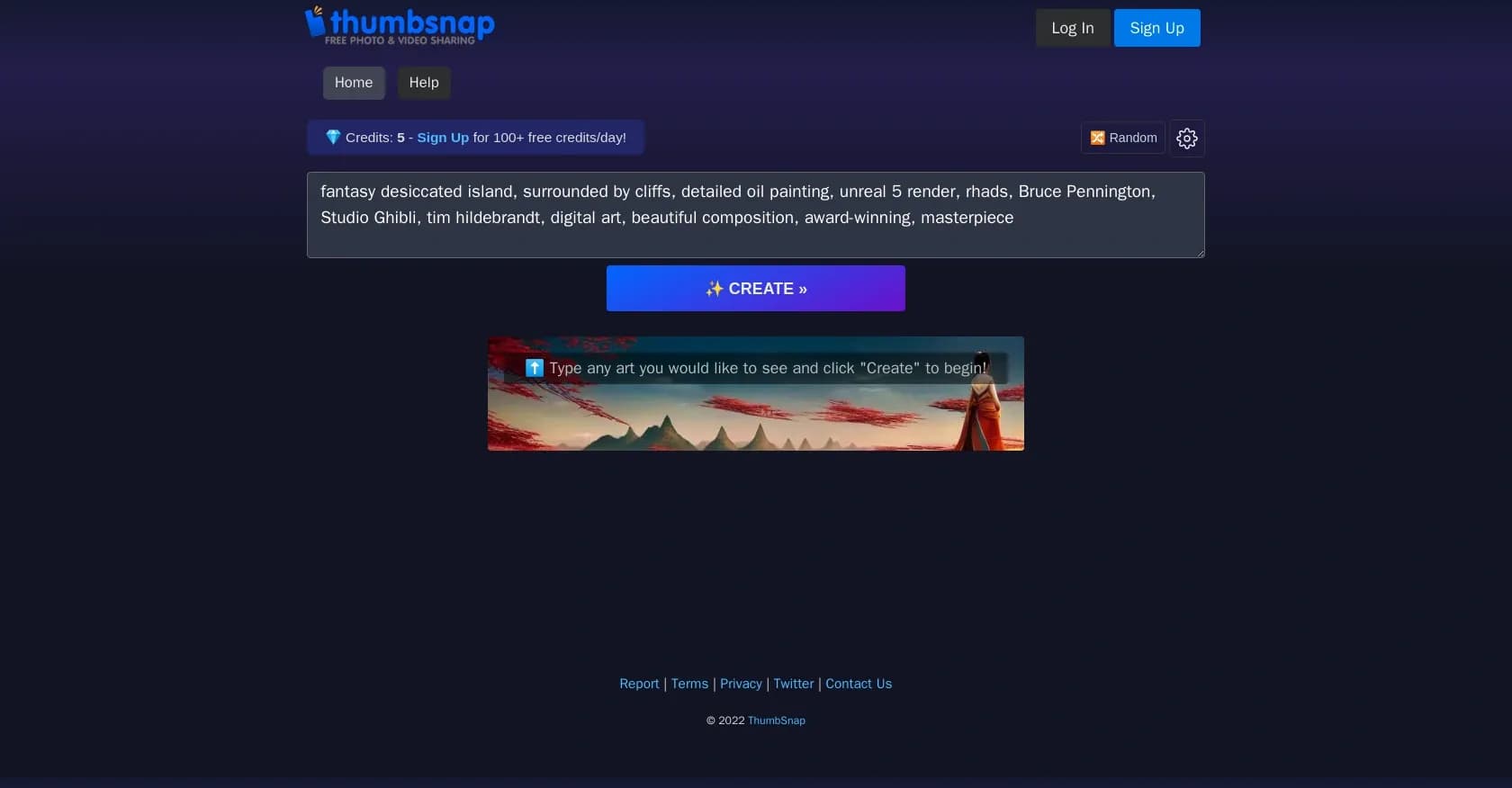 Thumbsnap homepage screenshot — Art generation from text inputs.