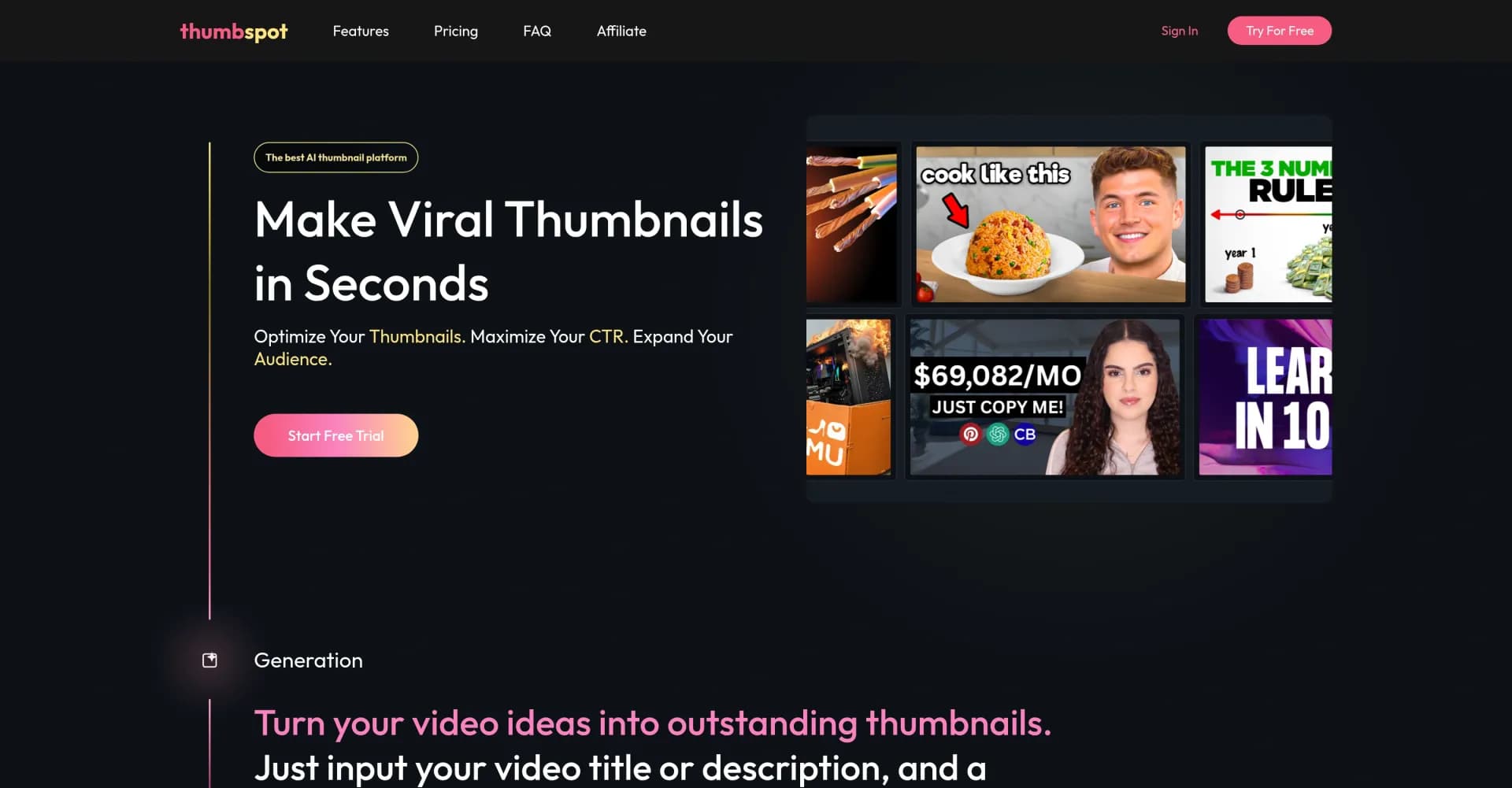 Thumbspot homepage screenshot — Create viral thumbnails in seconds. Boost clicks, grow your 