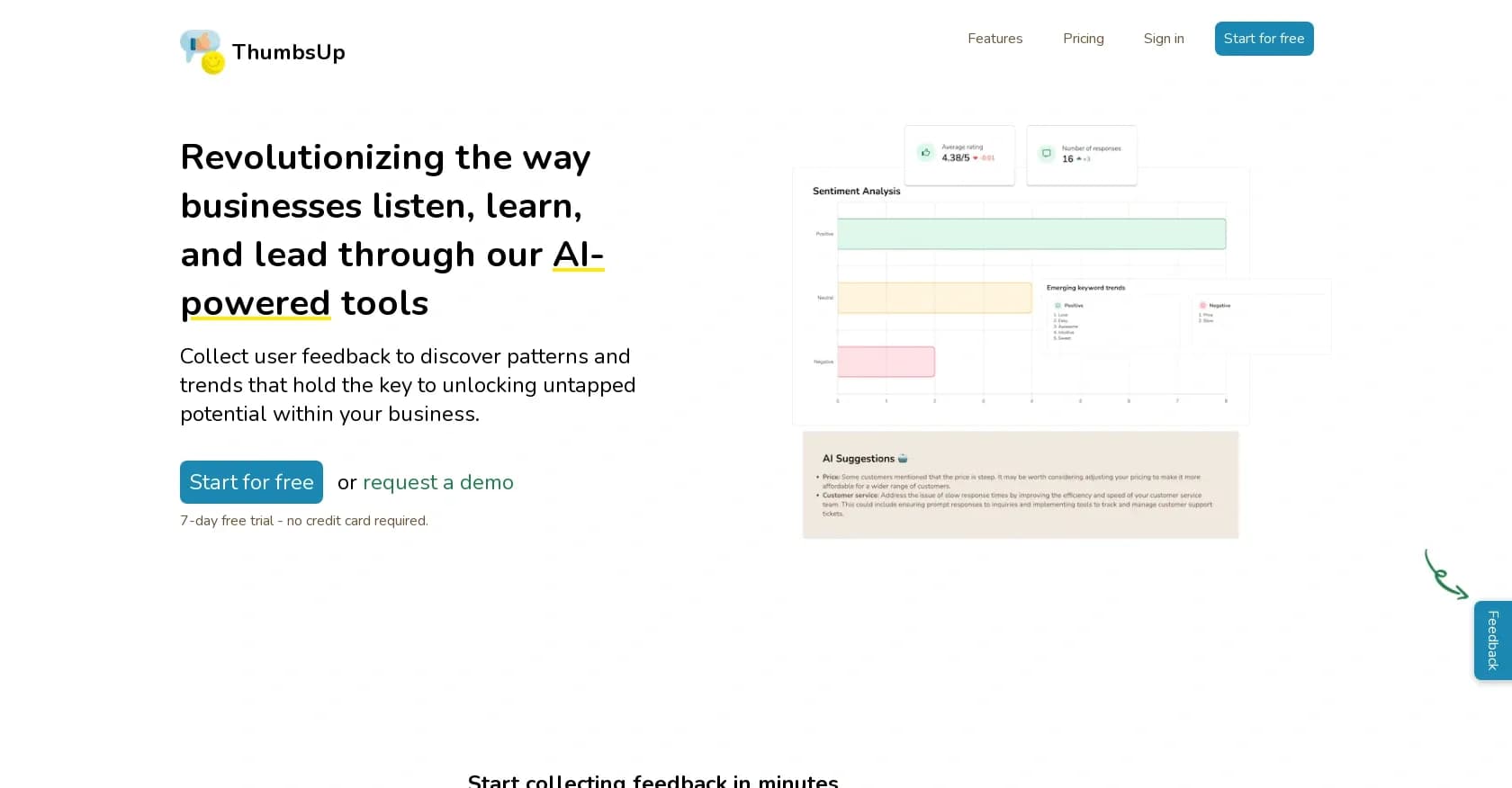 ThumbsUp homepage screenshot — Collect user feedback in minutes