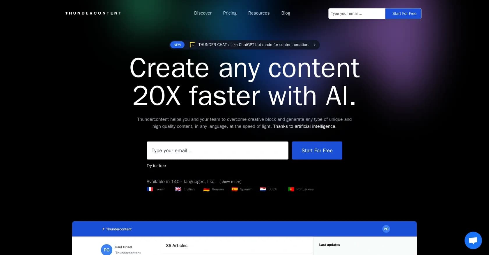 Thundercontent homepage screenshot — AI-powered article writing at lightning speed.
