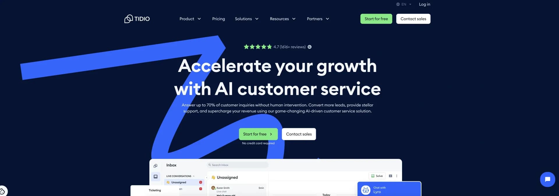 Tidio homepage screenshot — AI-powered customer service to boost revenue and support