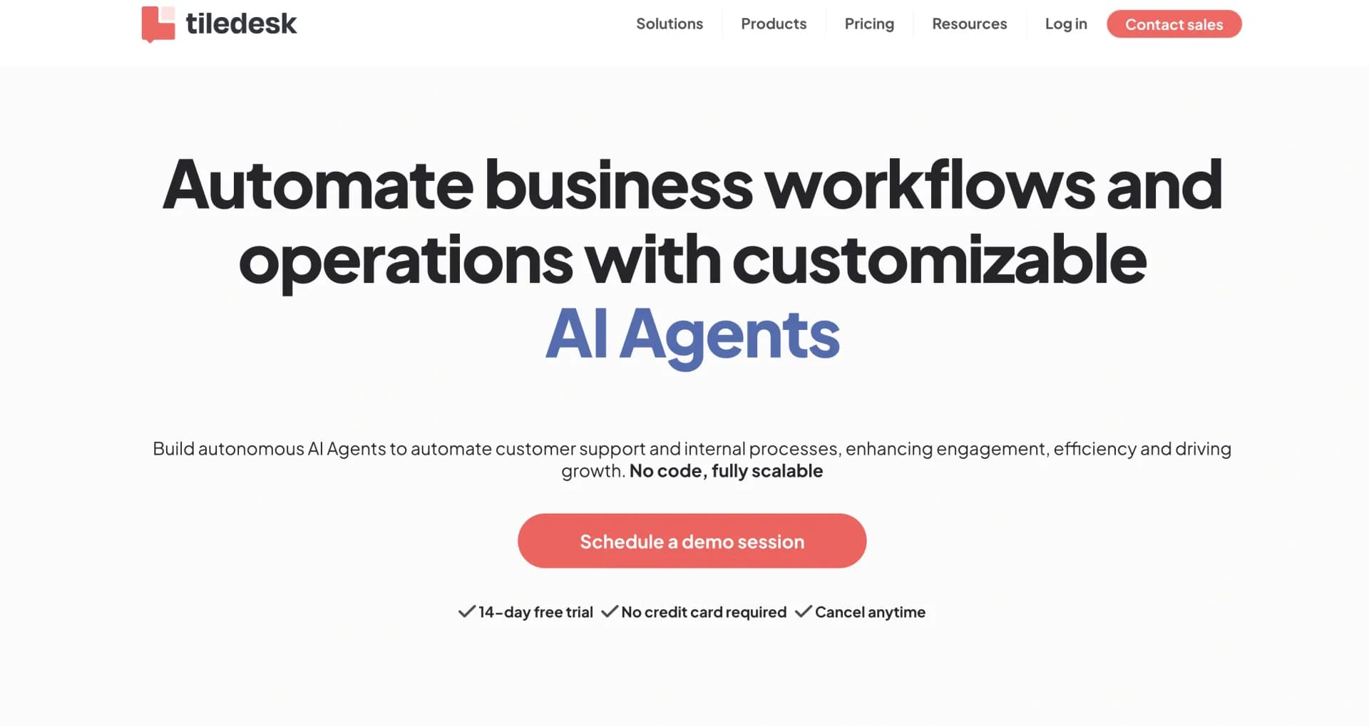Tiledesk homepage screenshot — Automate customer service with AI agents across channels.