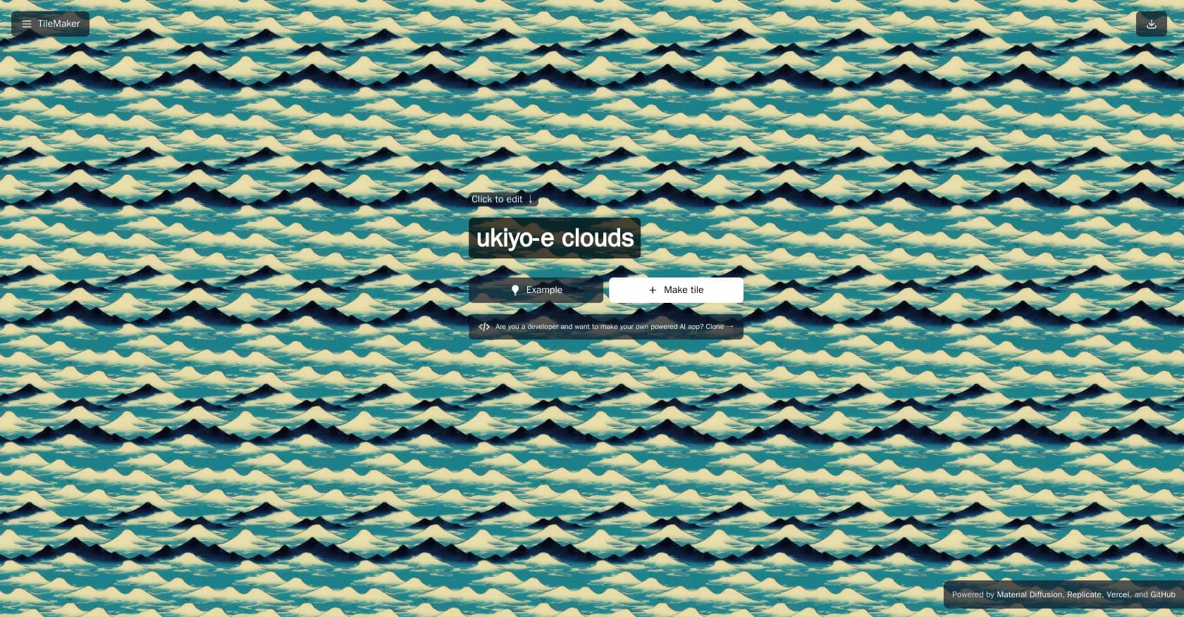 TileMaker homepage screenshot — Create custom wallpapers with AI-generated tiles.