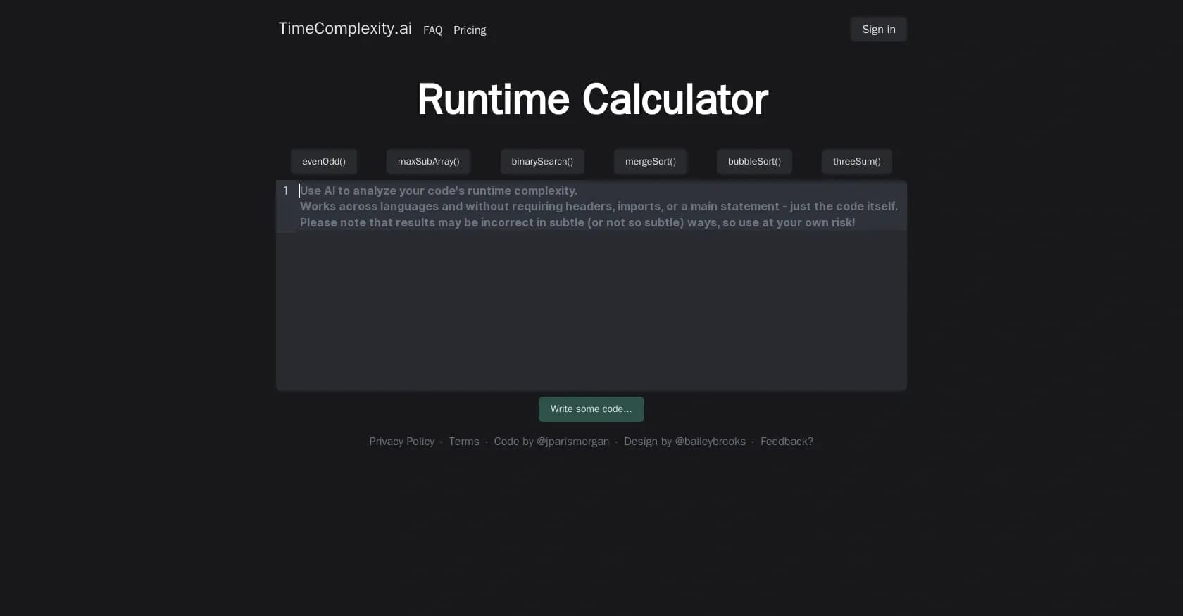 Timecomplexity homepage screenshot — AI-powered code runtime complexity analyzer