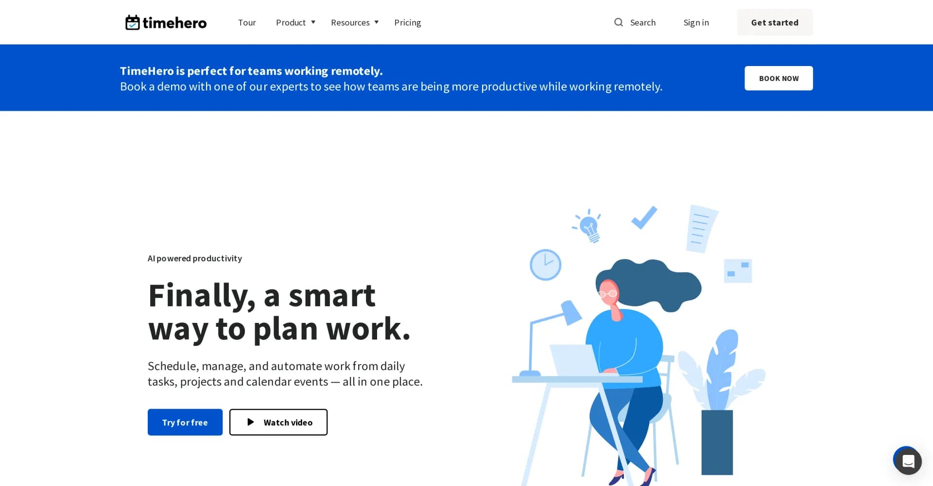 TimeHero homepage screenshot — AI-powered task planning and work management.