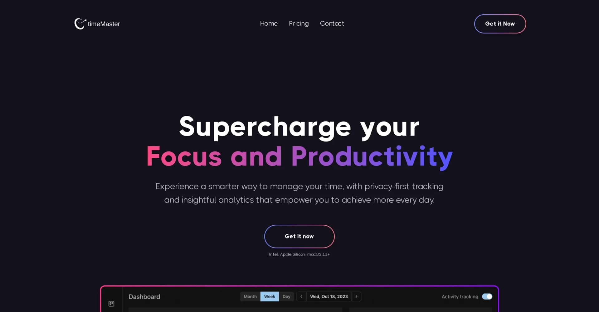 timeMaster homepage screenshot — Supercharge your focus and productivity with AI-powered time