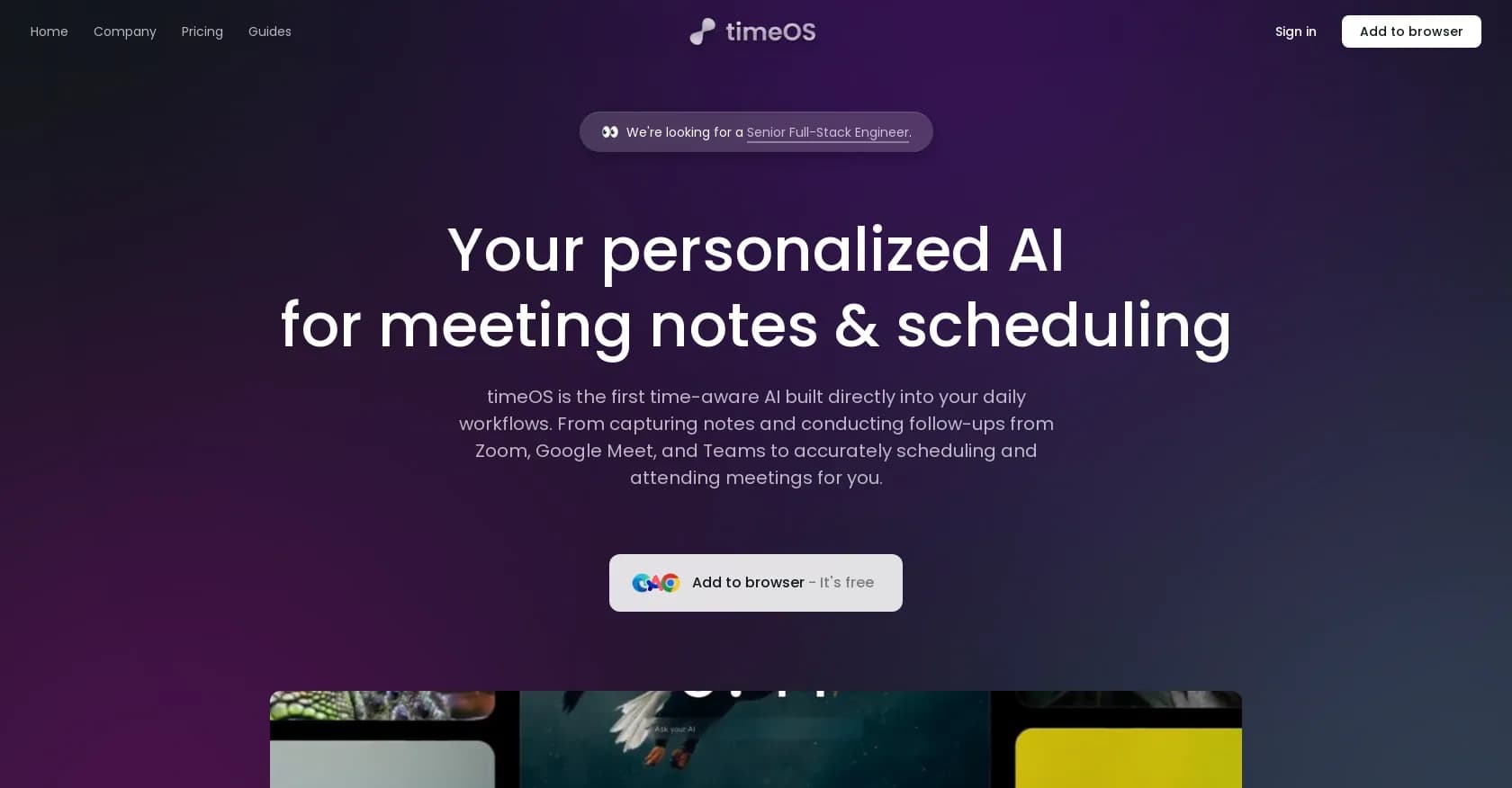 TimeOS homepage screenshot — AI time management for automated meetings and scheduling