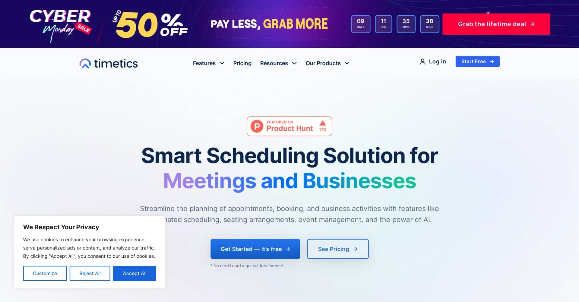 Timetics.ai homepage screenshot — Create meaningful meetings with AI-powered booking
