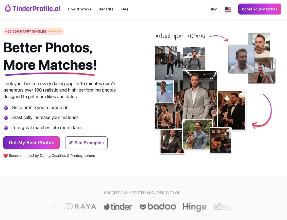 TinderProfile.ai homepage screenshot — Better Photos, More Matches