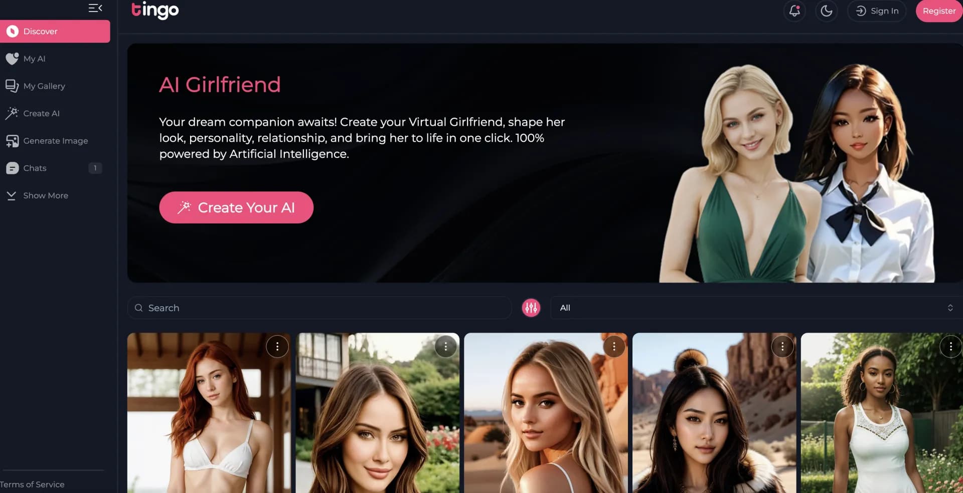 Tingo homepage screenshot — Create your AI girlfriend in one click.