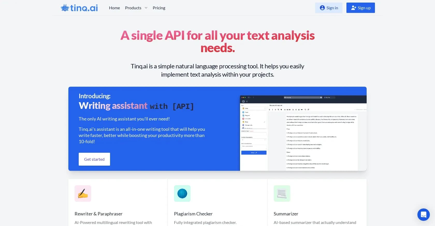 Tinq homepage screenshot — NLP text analysis and rewriting.