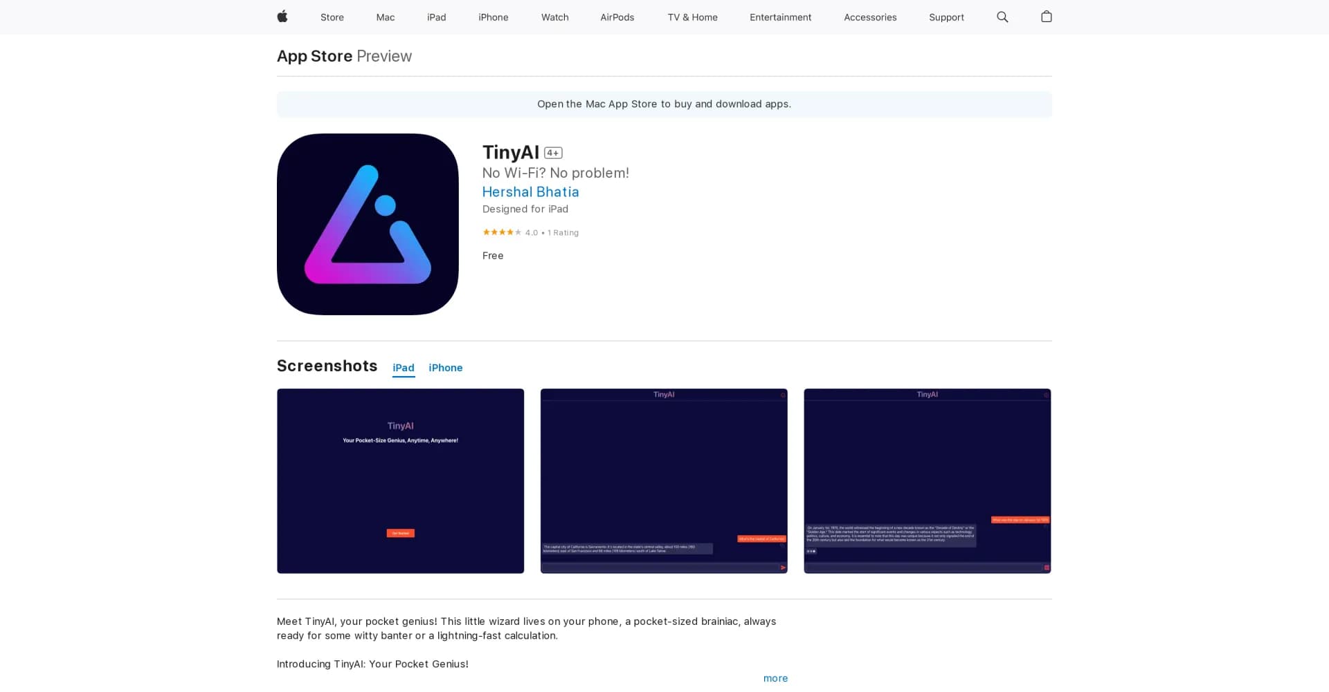 Tiny AI homepage screenshot — Enjoy TinyAI on your Apple devices.