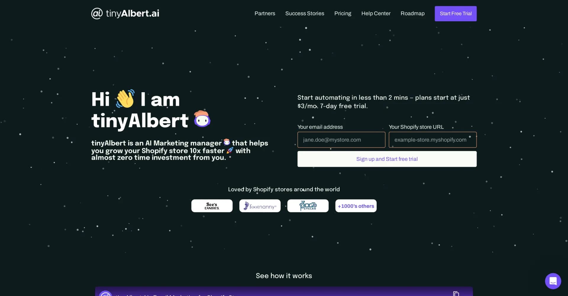 TinyEinstein homepage screenshot — AI marketing manager to 10x your Shopify store growth.