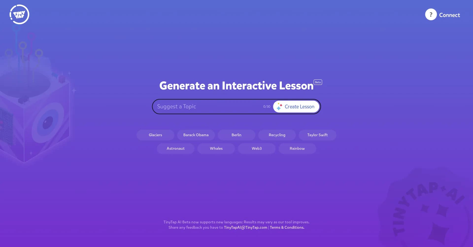 TinyTap homepage screenshot — Create interactive lessons with AI-powered suggestions.