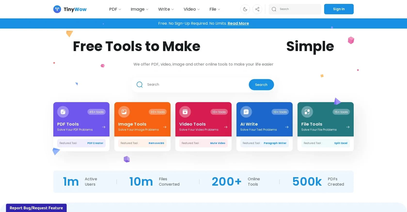 Tinywow homepage screenshot — Free AI tools for writing, PDFs, images and more