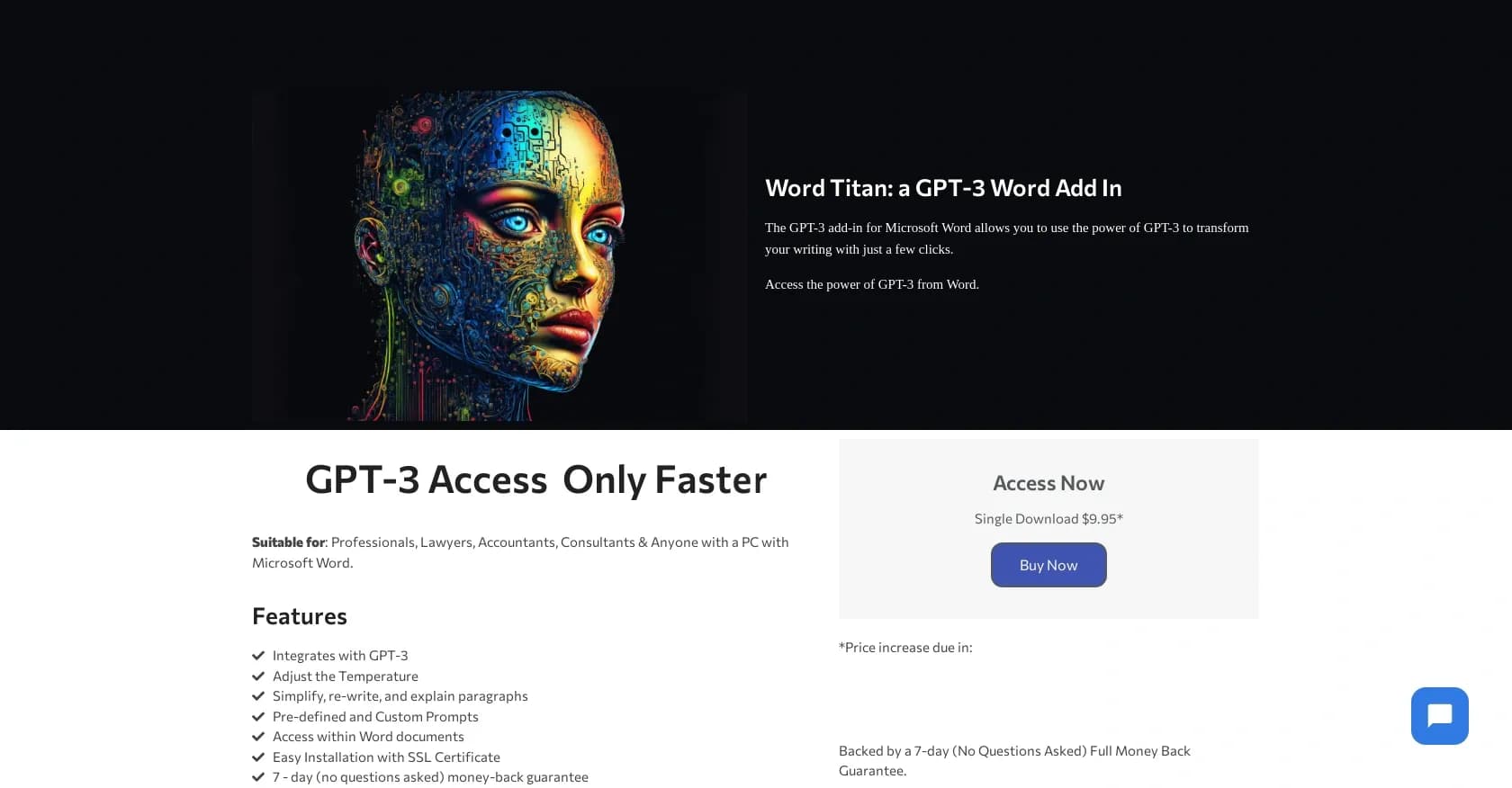 Titan homepage screenshot — Transform your writing with GPT-3 in Word.